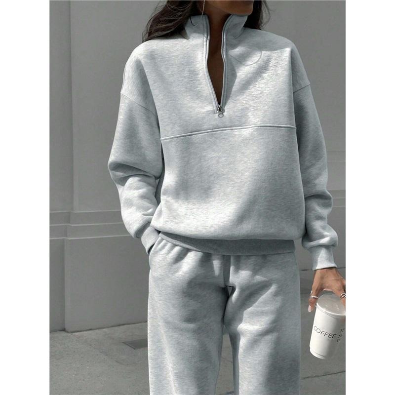 Autumn Winter European And American Half Zipper Stand Up Hoodie Set Solid Color Loose Casual Two Piece Set