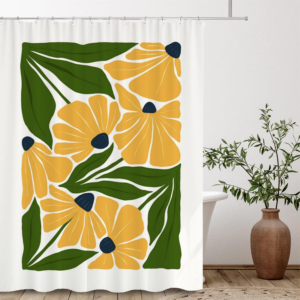 Artistic Abstract Plants and Flowers Print Shower Curtain Polyester Fabric Bath Curtain With Hooks Curtains For Bathroom Decor