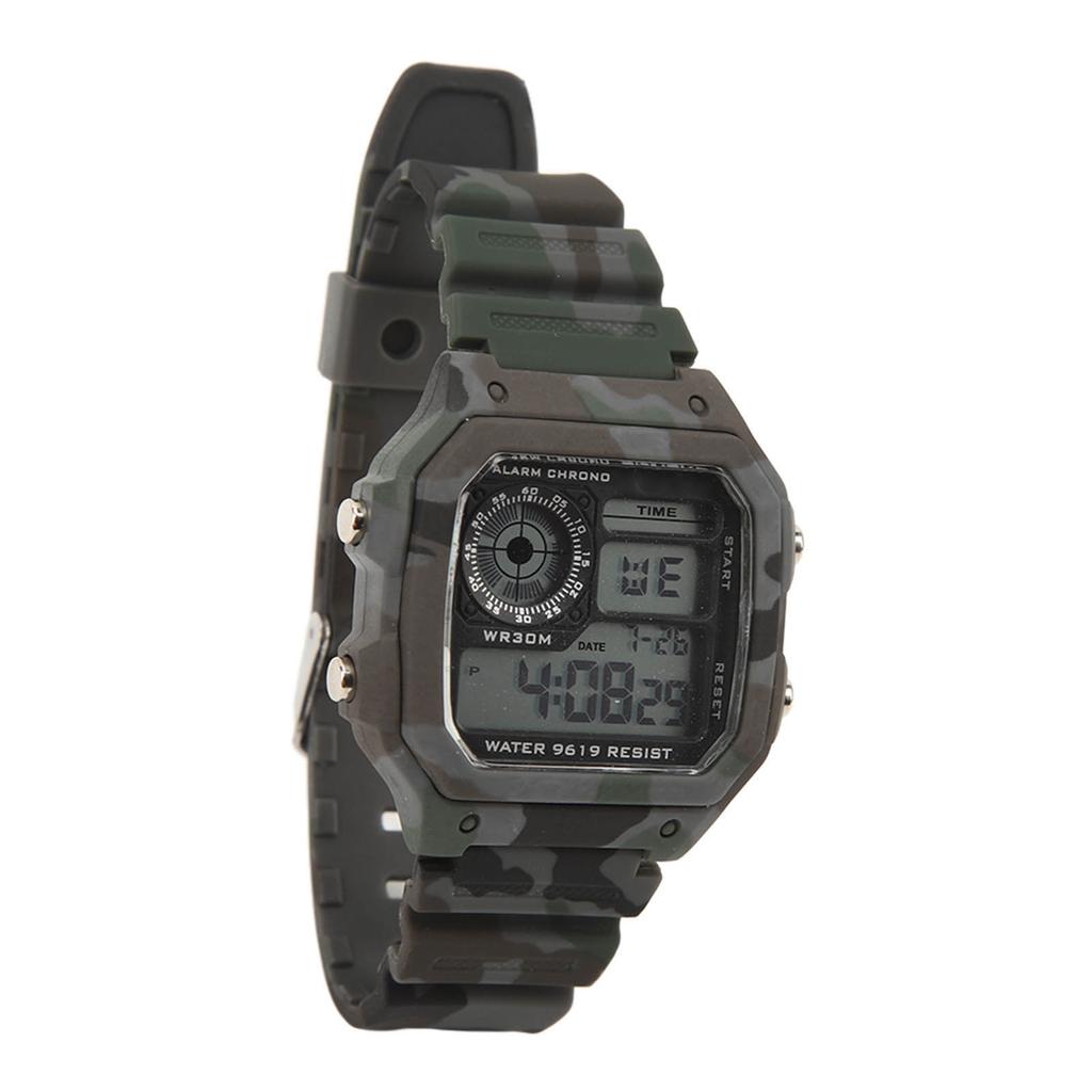 Digital Watch Multi Function Fashion Square Luminous Waterproof Outdoor Sports Chronograph Watch Camouflage Gray