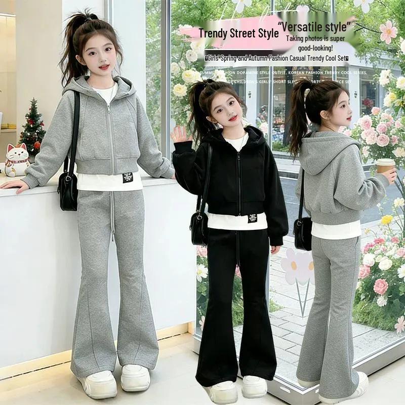 Spring Korean Style Girls' Casual Sports 3-Piece Set: Flared Pants, Top & Jacket