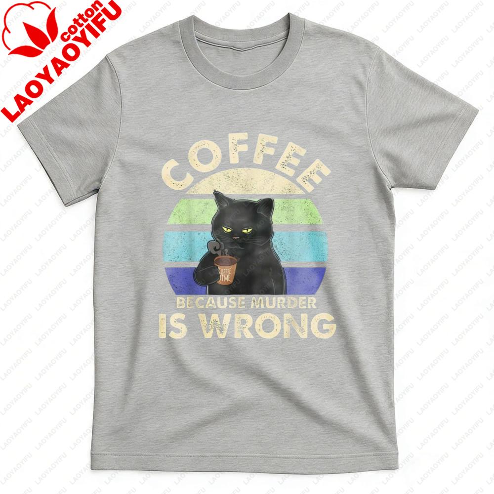 Coffee Cat Vintage Print Summer Casual Men TShirt Cotton Short Sleeve Tops Fashion Top Gift for Coffee Lovers Clothes