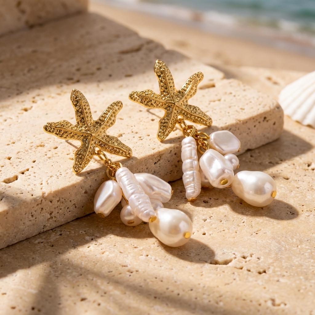Summer Metal Starfish Imitation Pearl Drop Earrings for Women Fashion Shell Pearl Seahorse Dangle Earring Vacation Jewelry Gifts