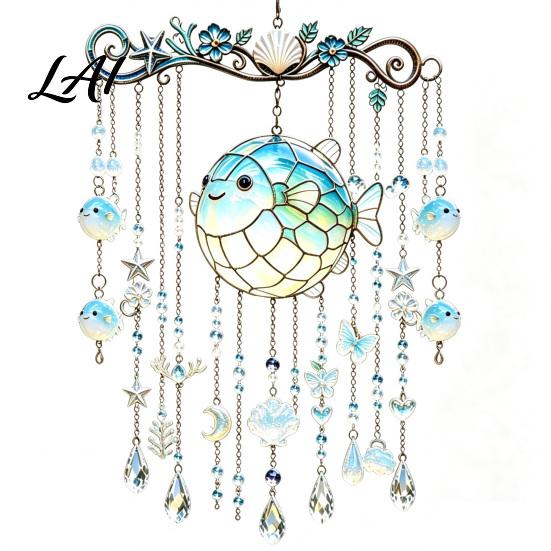Balcony Hanging Decor Ocean-Themed Wind Chime Decoration Animal Sun Catcher with Faux Crystal Drops Tropical Fish Garden Decoration Stained