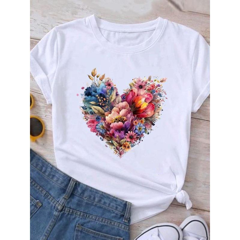 European Size Clothing T Shirt Tee Top Watercolor Trend 90s Flower Women Woman Print Fashion Female Short Sleeve Graphic T-shirts
