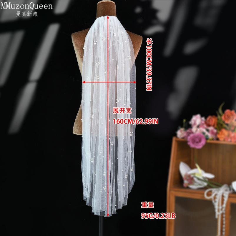 Einstufiger Tüll-Brautschleier mit Perlenbesatz und Metallkamm, 100 cm/200 cm lang, Weißer Hochzeitschleier für Braut, Elopement, Hochzeitsporträt, Fotoshooting