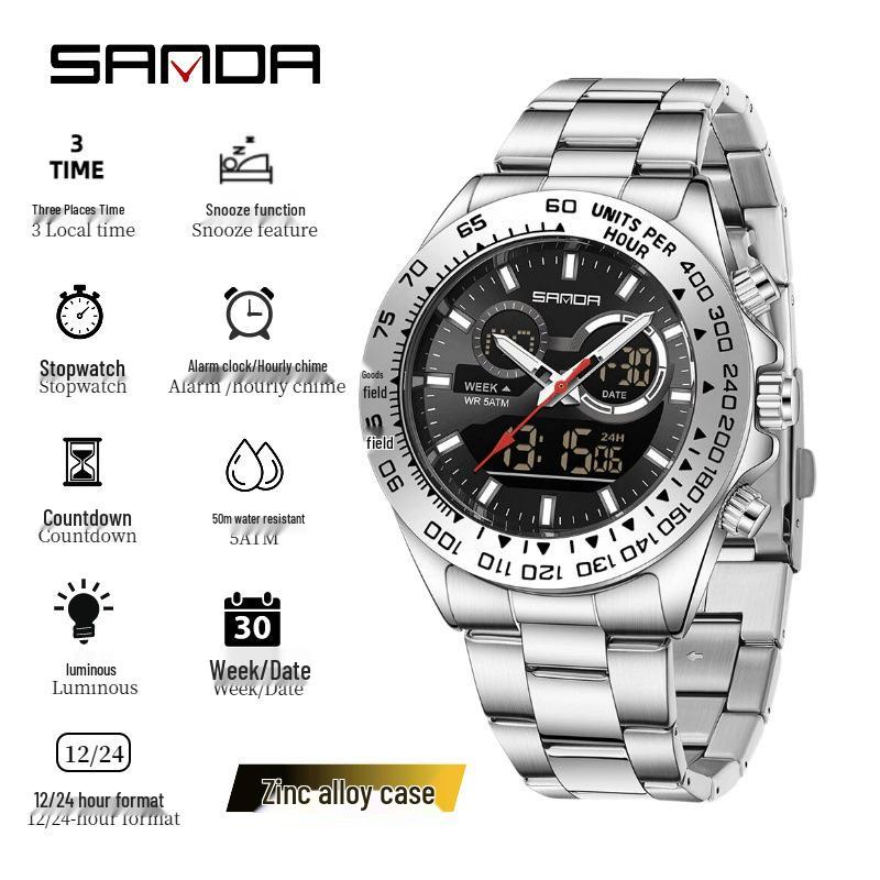 Sanda Men's Waterproof Dual Display Multi-Function Watch with Timer, Snooze, and Night Light.