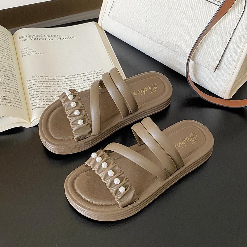 

Летние уличные популярные плоские туфли сказочного стиля женские сандалии жемчужные пляжные сандалии для женщин 40-41 коричневый