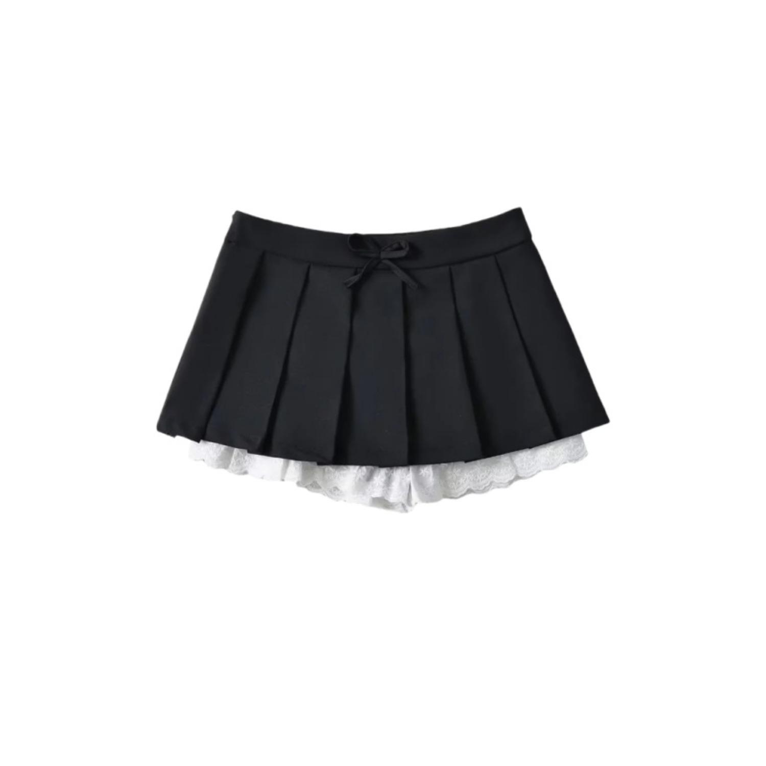Women s Low Waist Pleated Mini Skirt Bow Decor Lace Trim A-Line Short Skort S
