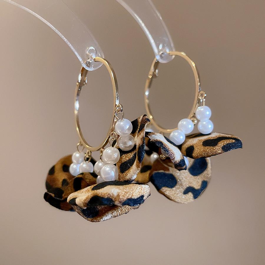 European and American retro fabric flower fringed leopard print earrings earrings personalized temperament earrings women