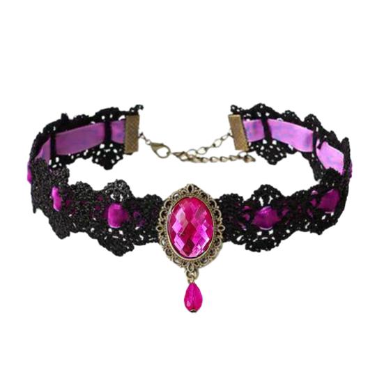 Vintage krajkový náhrdelník Gotický choker s oválným umělým drahokamem Dámský krajkový choker pro Cosplay Denní nošení Kostýmové večírky