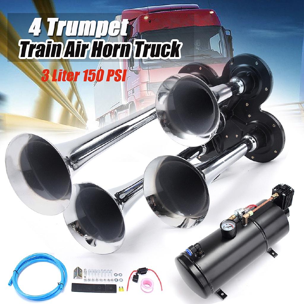 3L 150PSI Air Horn 150 BD Air Compressor and 4 Trumpet Chrome for Truck High Pressure Air