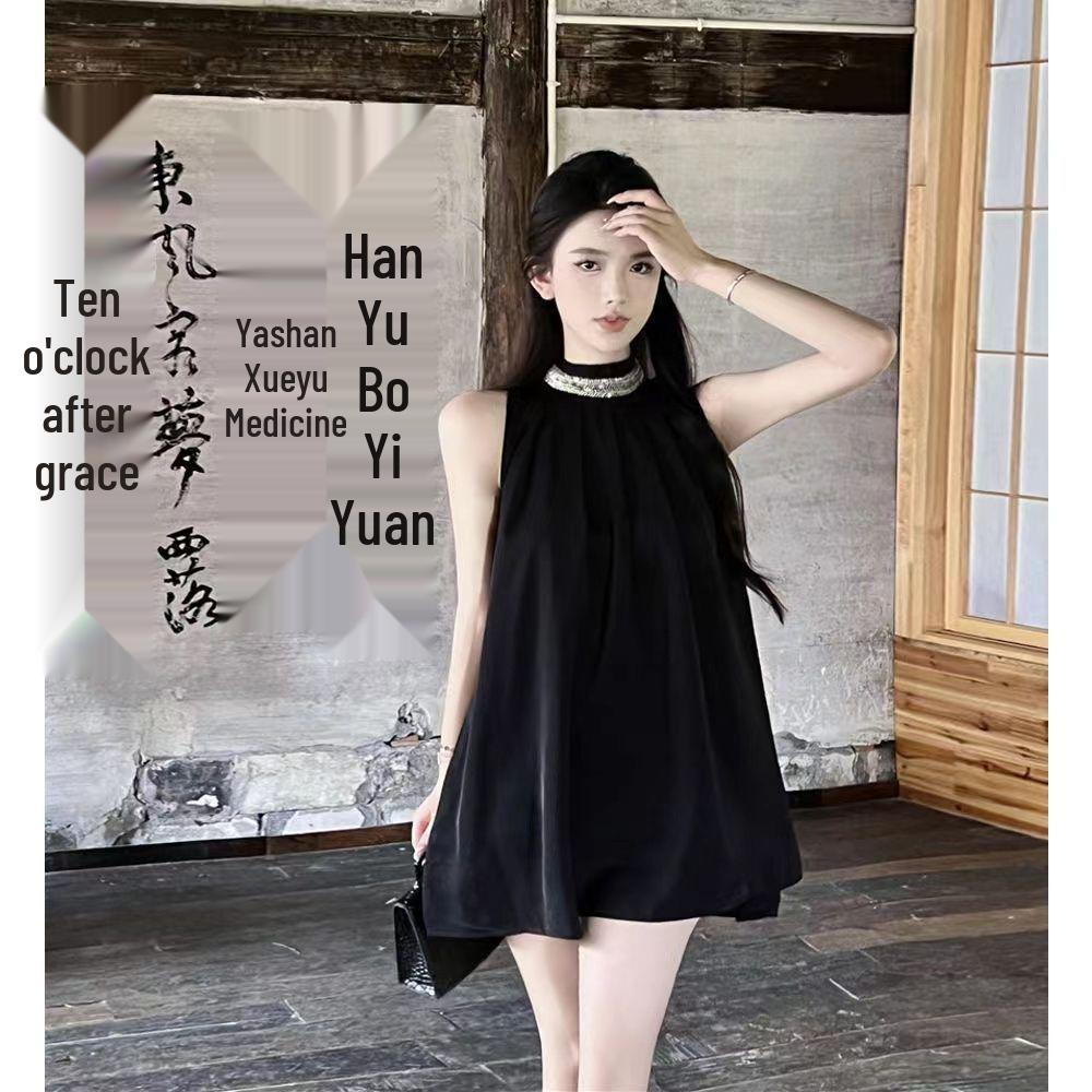 

Summer 2024 Black Retro Halter Off-Shoulder Women s Dress M