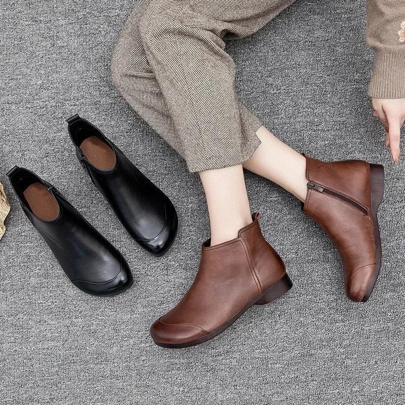 Spring Flat Women's Shoes 2025 Fashion Ankle Boots Retro Casual Plus Size Short Boots Zipper Solid Color Warm Flat Zapatos Mujer