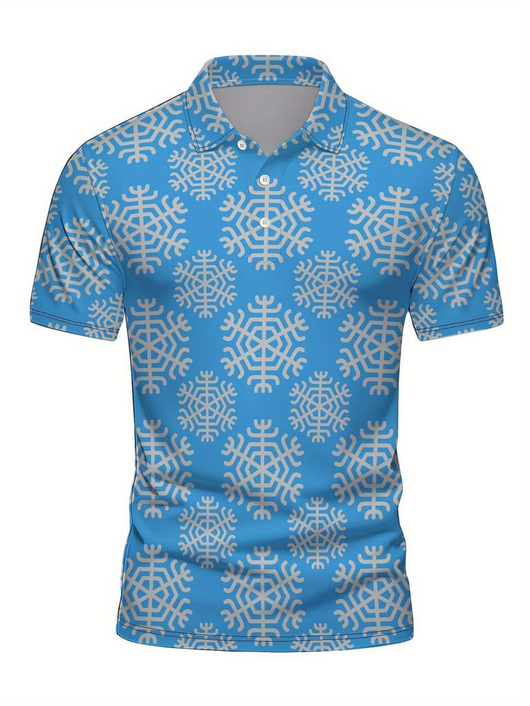 Men's Short-Sleeve Polo Shirt with Lapel Collar & Button Placket - Full-Body Christmas Print Button-Front Suitable for Dates, Beach Vacations, Machine