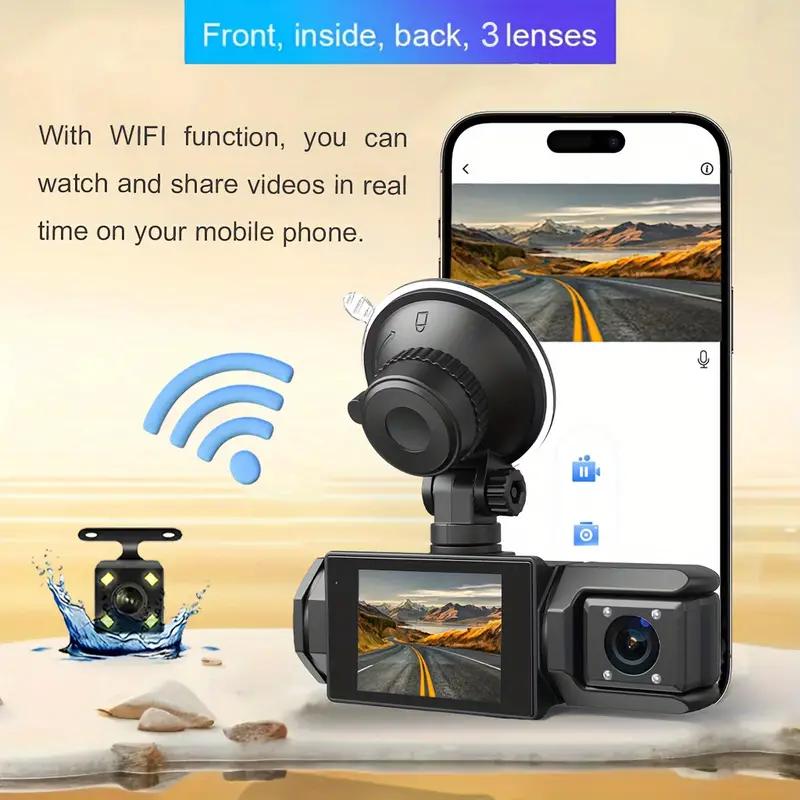 1080P WIFI 3 Channel Dash Cam, 1080P WIFI Dash Cam for Car, G-Sensor, Deg Wide Angle Dashboard with Infrared Night Vision