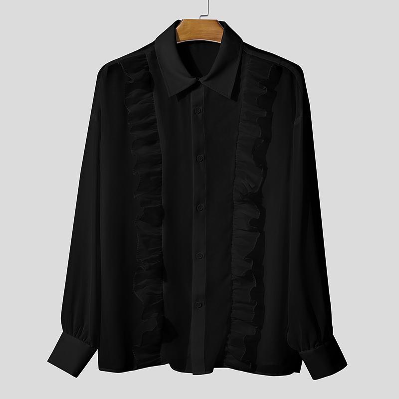 

INCERUN Мужские рубашки оверсайз с лацканами, длинными рукавами, рюшами, прозрачные, для вечеринок, клубов, свободного кроя 5XL