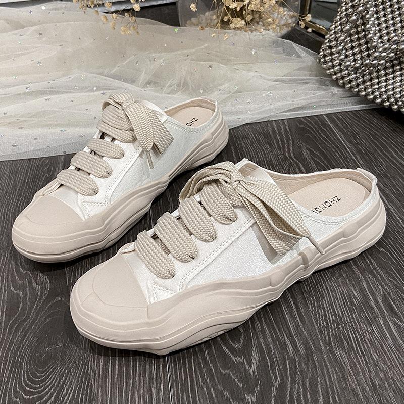 

Женская верхняя одежда Baotou Half-drag, новые универсальные маленькие белые туфли, женская парусиновая обувь, повседневные женские кроссовки из натурального шелкового атласа