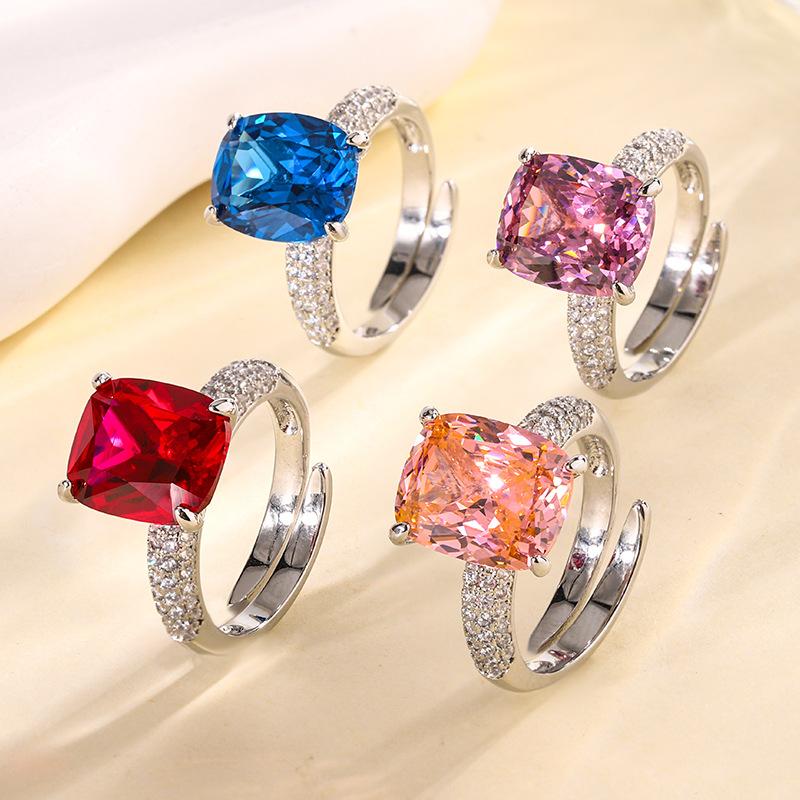 Jewelry Copper Bottom Gold-Plated Simulation Color Treasure Corundum Fat Rectangular Simple Ring Female 10 * 12