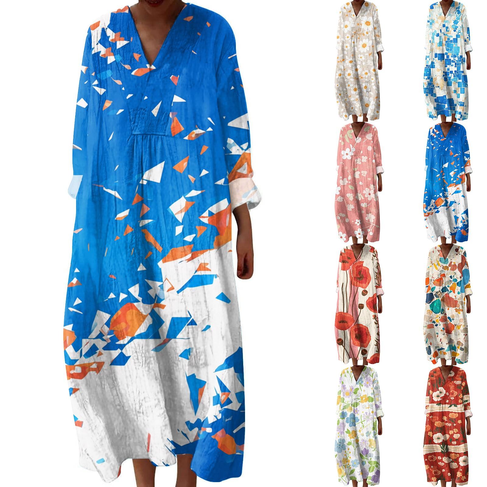 

Women s Casual And Fashionable V-Veck Flower Print Long Sleeved Dress Long Sleeved Dress L рожевий