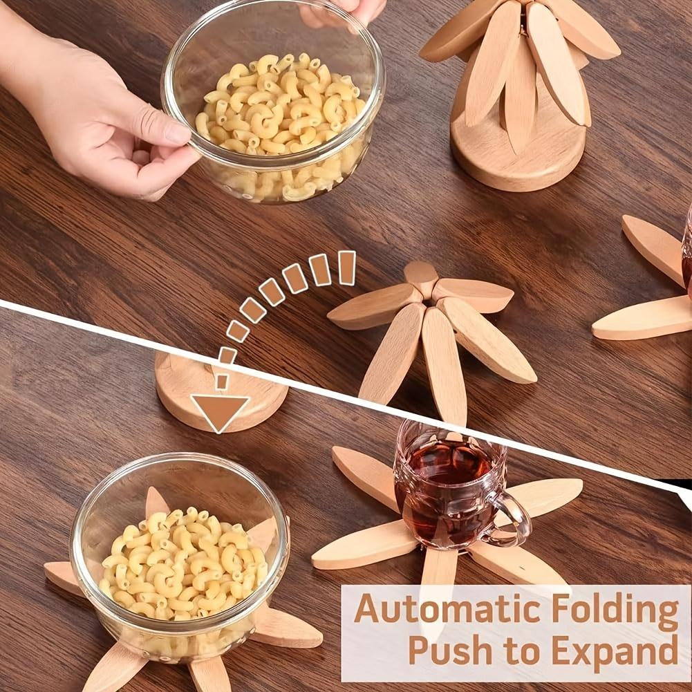 4PCS Wooden Trivets for Hot Dishes Folding Tree Shape Black Walnut Table Mat Holders Heat Insulated Pad Set Coasters for Pots