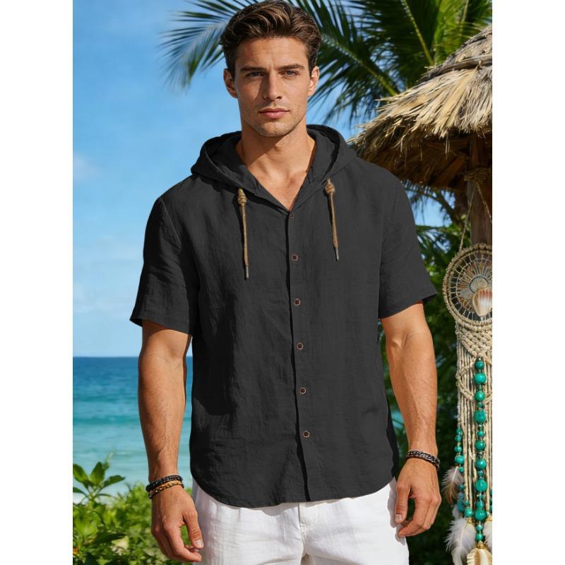 Men S Short Sleeve Hooded Open Front Shirt Loose Breathable Summer Casual