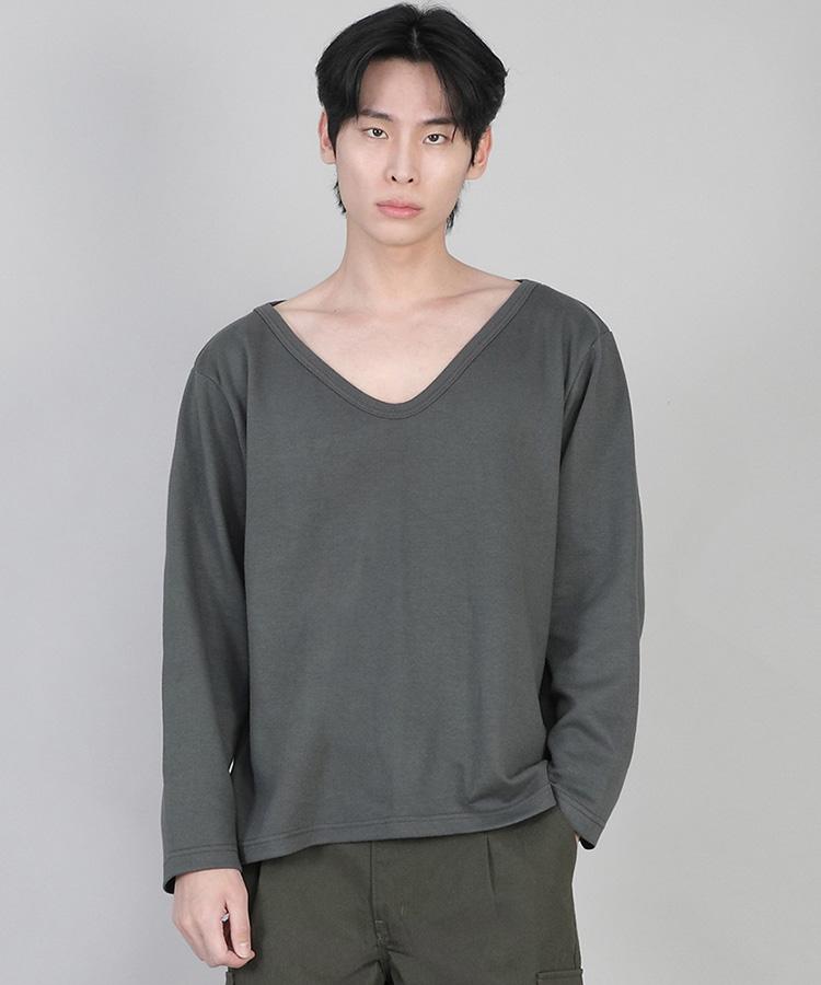 Seinteukeulu Plain Big V-Neck Long Sleeve Tee Bigv-879 Slate Gray