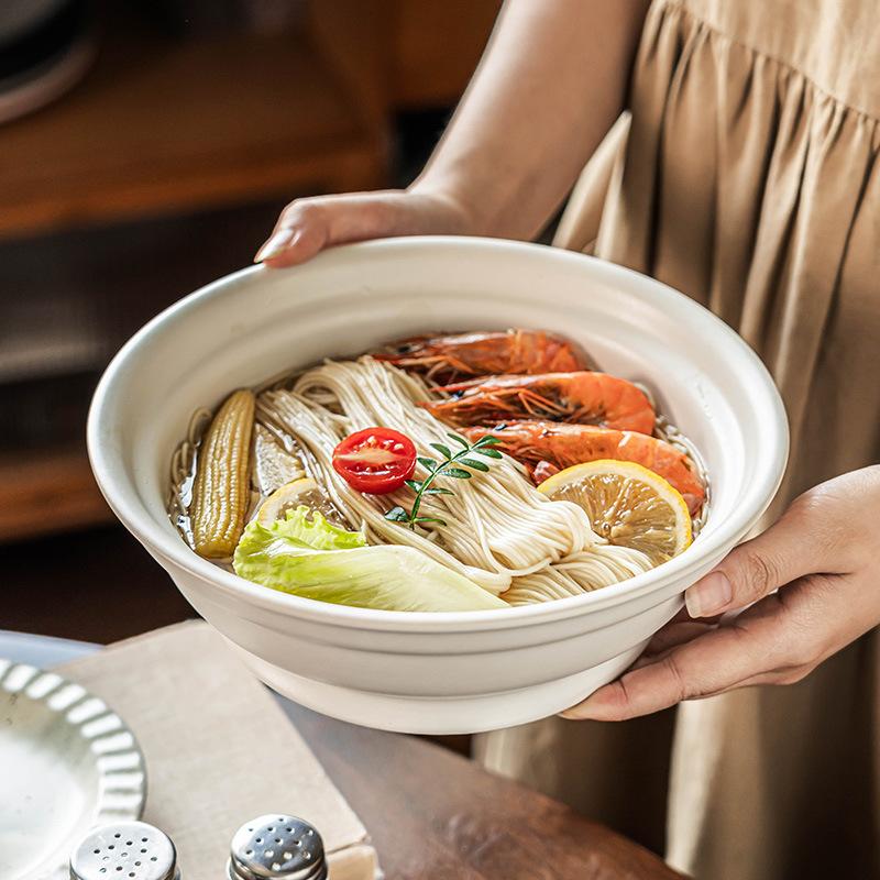 Thick Large Bowl Soup Bowl Solid Color Tableware Ceramic Bowl Household Round Large Vegetable Bowl Restaurant Ramen Bowl Deep Bowl