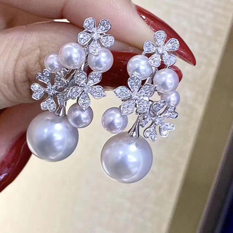 Huitan Aesthetic Women Imitation Pearl Drop Earrings Inlaid Shiny CZ for Wedding Party Flower Design Fashion Versatile Jewelry