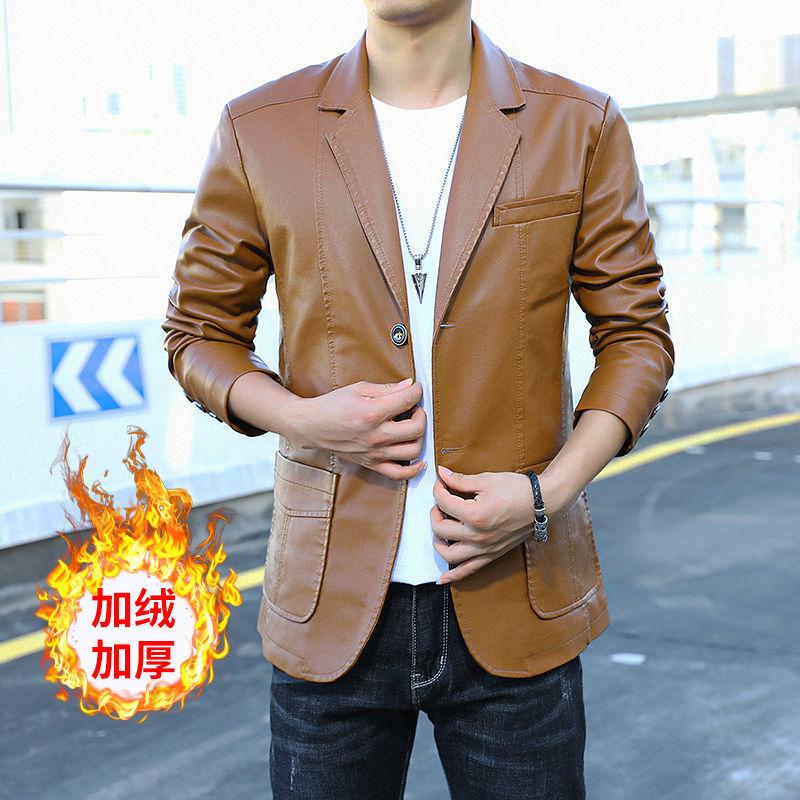 Men s Brown Faux Leather Blazer Slim Fit Long Sleeve Casual Suit Jacket M жёлтый