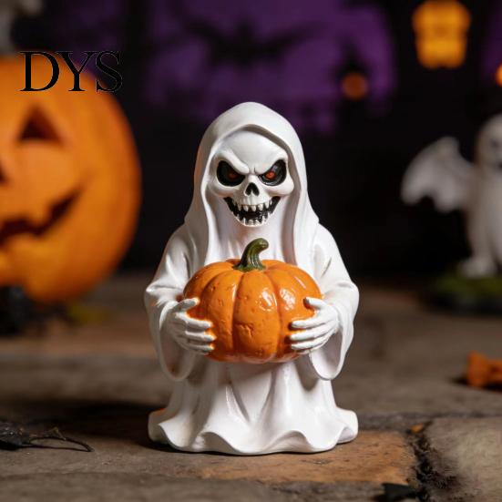 Halloween Party Props for Countertops White Ghost Pumpkin Resin Statue, Spooky Holding Mini Hand Painted Ornament Figurine Garden Yard Tabletop Mantel