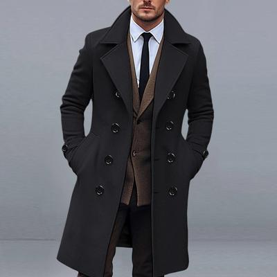 Uomo Lungo Cappotto di Lana Risvolto Manica Lunga Tinta Unita Giacca a Vento Tasche Doppiopetto Tinta Unita Lunghezza Media