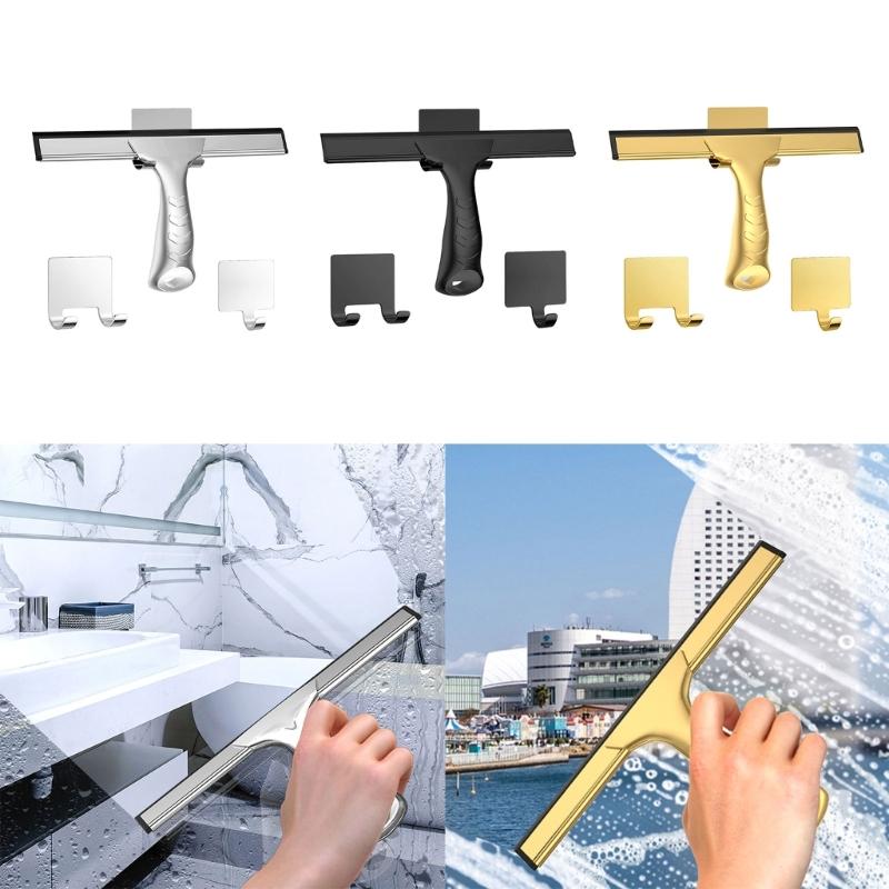 10” Shower Squeegee for Shower Glass Door Bathroom Window Car Glass Stainless Steel Scraper Wiper with 2 Hooks Household
