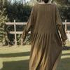 Johnature Women Vintage Dress O-Neck Long Sleeve Flod Spring Robes Solid Color A-Line Women Dresses