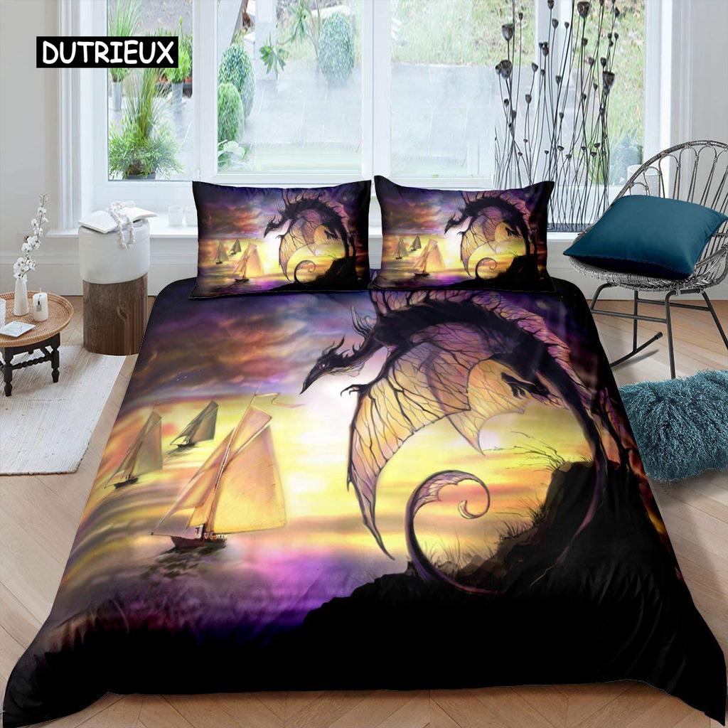 Fire Dragon Duvet Cover Set Magical Dinosaur Bedding Set Jungle Animals Pattern Wildlife Style King Size Polyester Quilt Cover