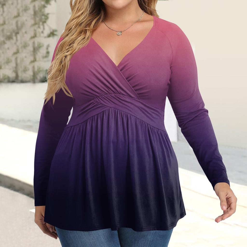 Women's Plus Size Shirt Long Sleeve  Print Top Pleated Casual V-Neck Top
