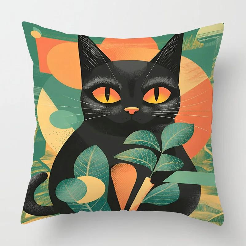 Home Decor Cat & Tropical Plant Patterned Pillow Covers Pattern Cushion Cover Suitable for Sofa Bedroom Car Pillow Cover