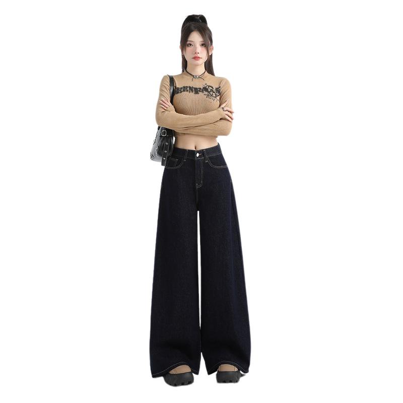 Autumn 2025 Women s Dark Blue High-Waisted Wide-Leg Jeans Extra Small