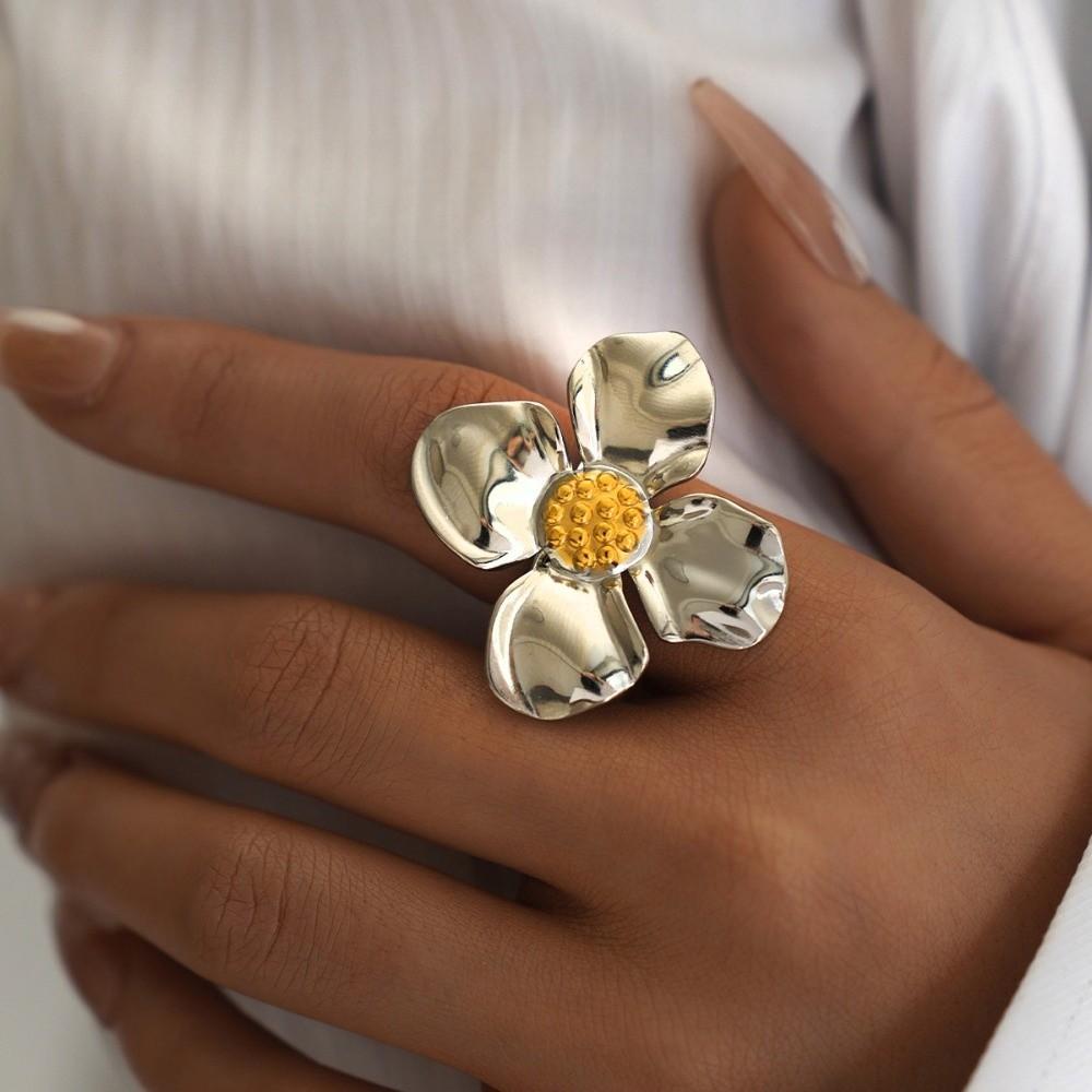 Stainless Steel Oversized Flower Rings Exaggerated Finger Ring  Party Favors