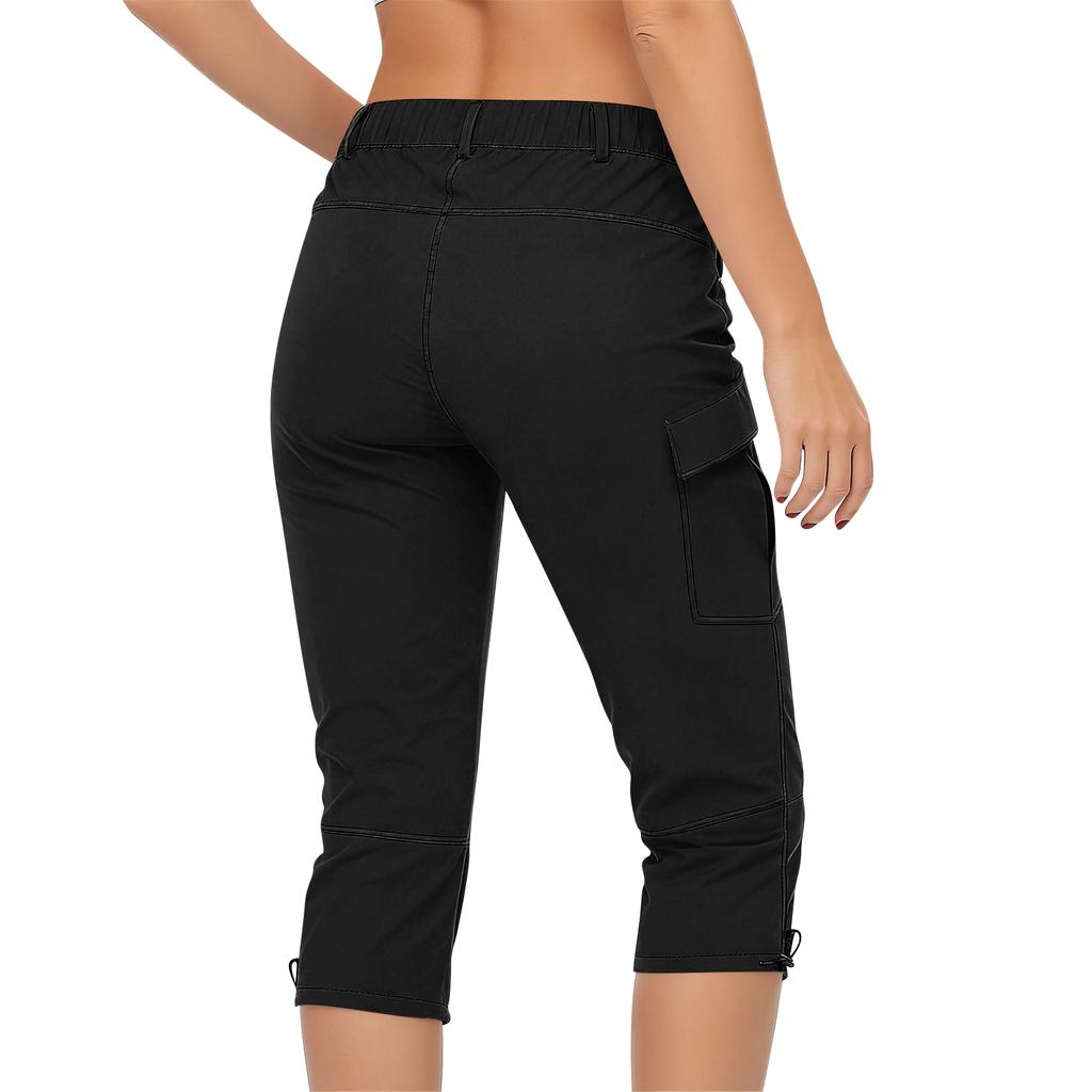 Women’s Stretch Waist Cargo Capri Pants with Multiple Pockets and Adjustable Hem for Outdoor Activities