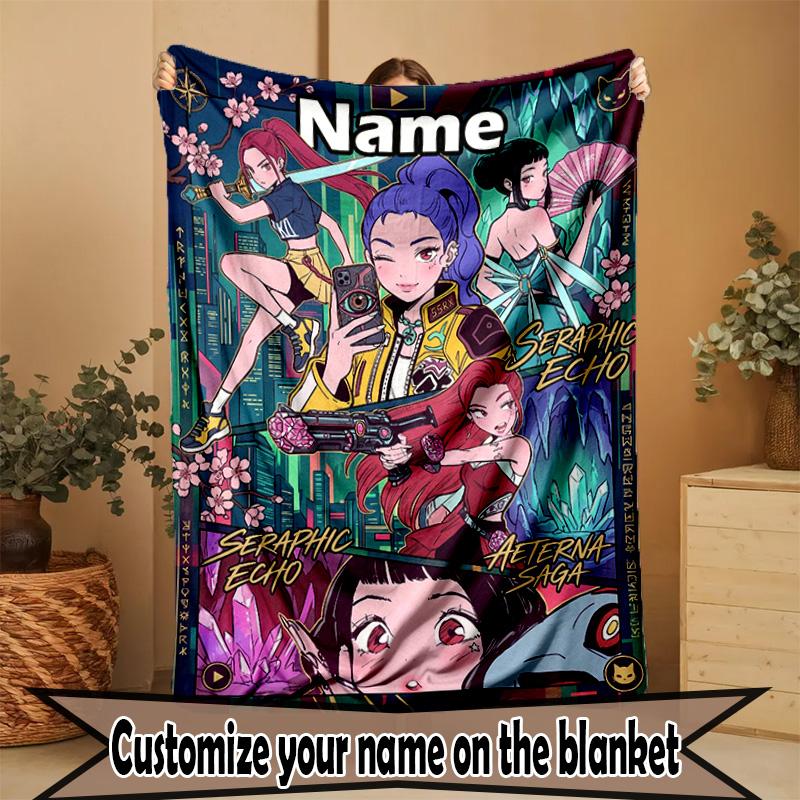 Custom Name Personalized Kpop Demon Hunter Print Blanket, Home Decor, Bedroom, Sofa, Camping, Couch, Gifts for Birthday Christmas