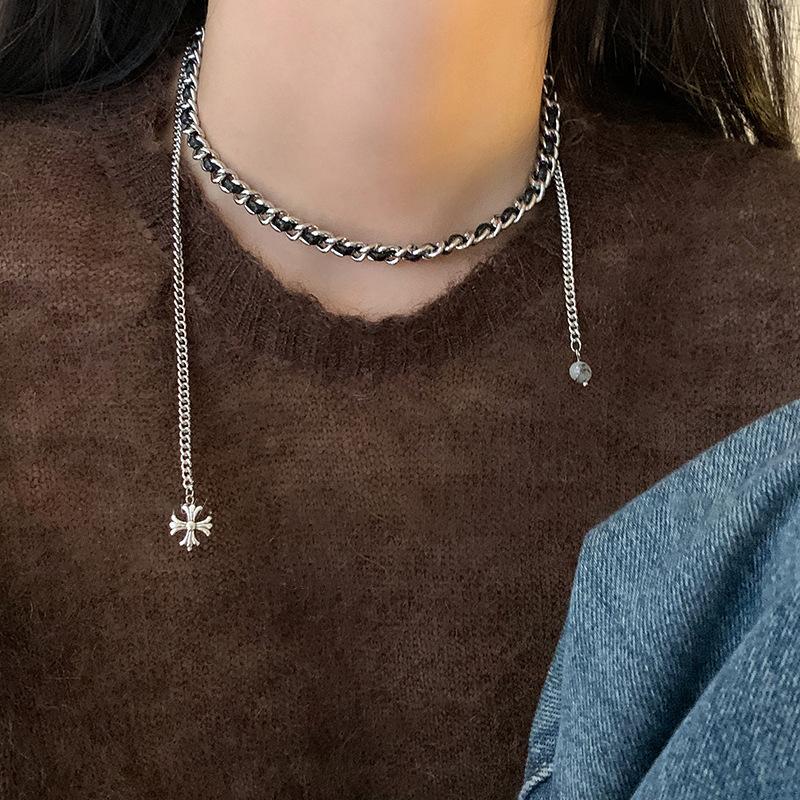 Korea personalized design cross leather winding necklace metal cold wind collarbone chain necklace
