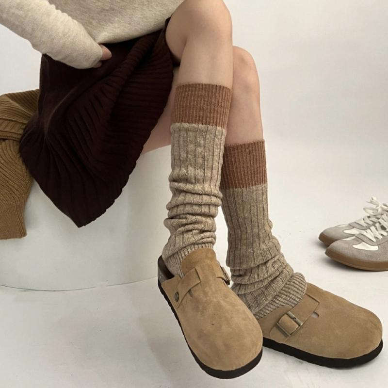 Womens Winter Warm Ribbed Knit Leg Warmers Japanese Style Harajuku Vintage Colorblock Long Boot Socks Thermal Leg Cover