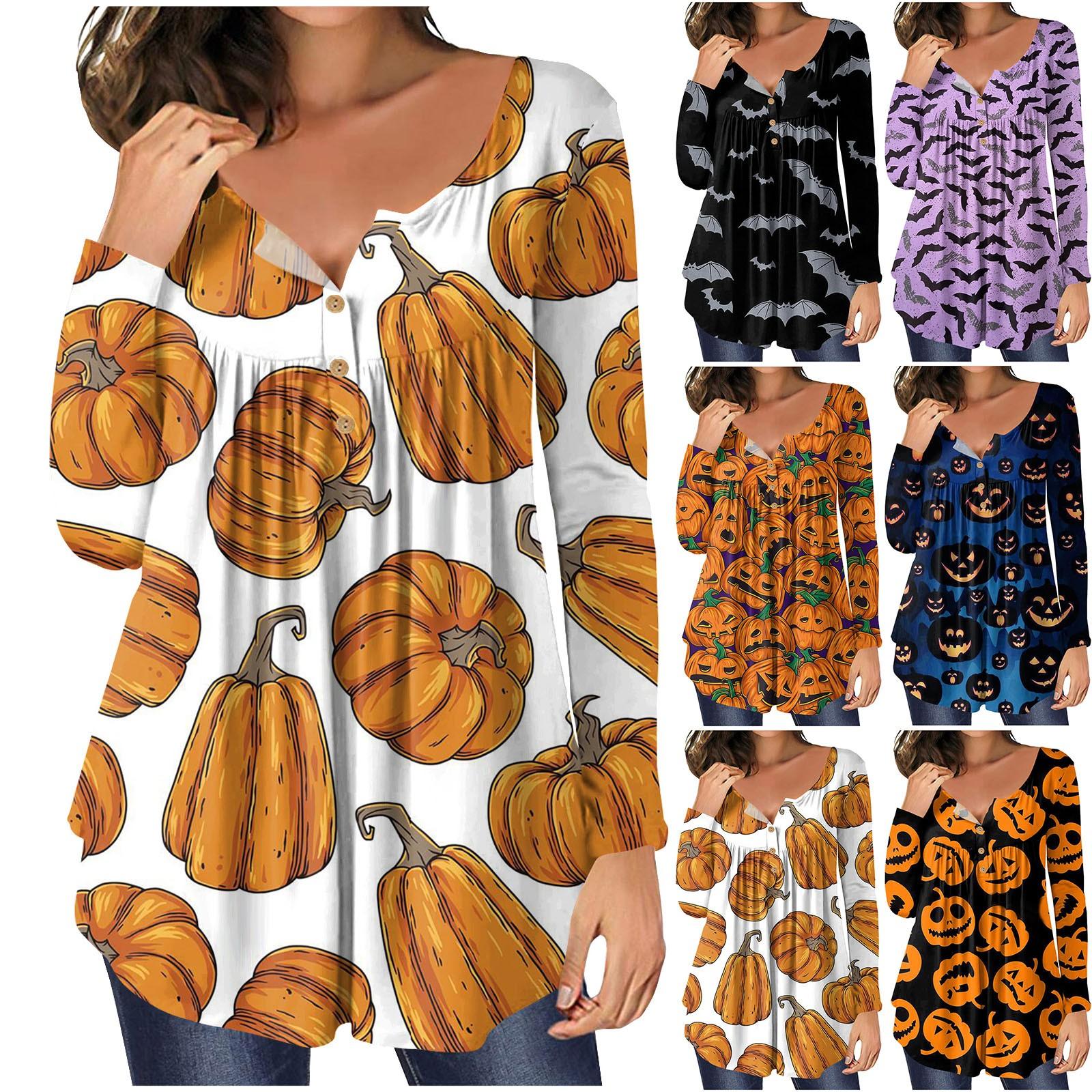 

Summer Women s Fashion Casual Long Sleeve Buttons Halloween Print Round-Neck Pullover Top Blouse L чёрный