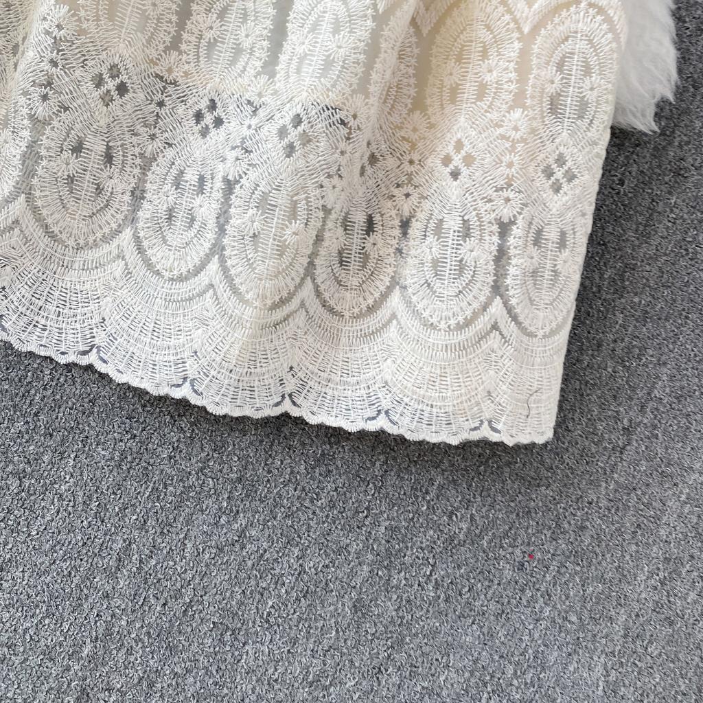 High Quality Runway Design Embroidered Beaded Round-Neck Wedding Dress for Women Summer Lace Crochet Slim Pleated Dress