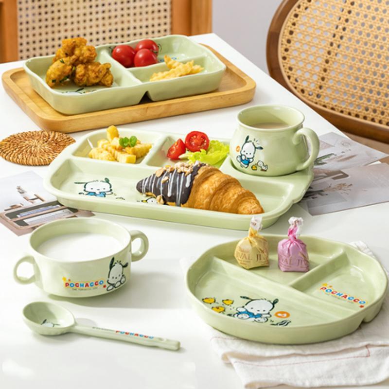 Für Sanrio Pochacco Keramik Kinder-Teller mit Fächern Runder unterteilter Speiseteller Cartoon Tasse Mikrowellenfestes Geschirr