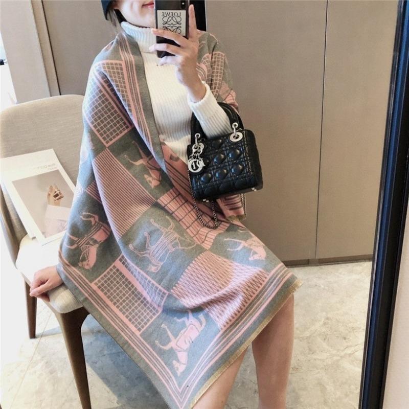 Carriage scarf, women's imitation cashmere air conditioner shawl, winter dual-purpose thickened scarf, fringed long style to keep warm