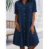 Women‘s Collar Neck Short Sleeve A-Line Midi Dress Denim Solid Casual Plus Gown