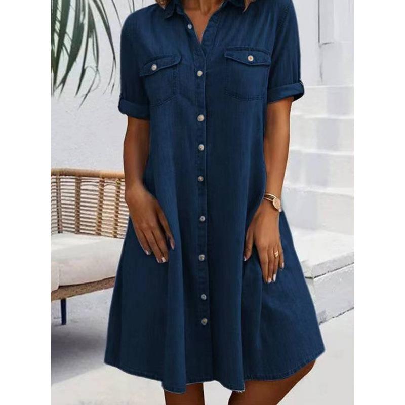 Women‘s Collar Neck Short Sleeve A-Line Midi Dress Denim Solid Casual Plus Gown