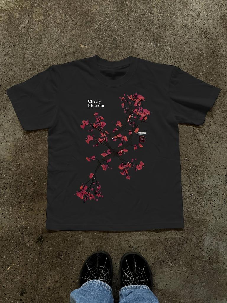 Street Style Cherry Blossom Tree Print Retro Tshirt Short Sleeved Round Neck Casual Top Autumn Short Sleeved Top Casual Wear