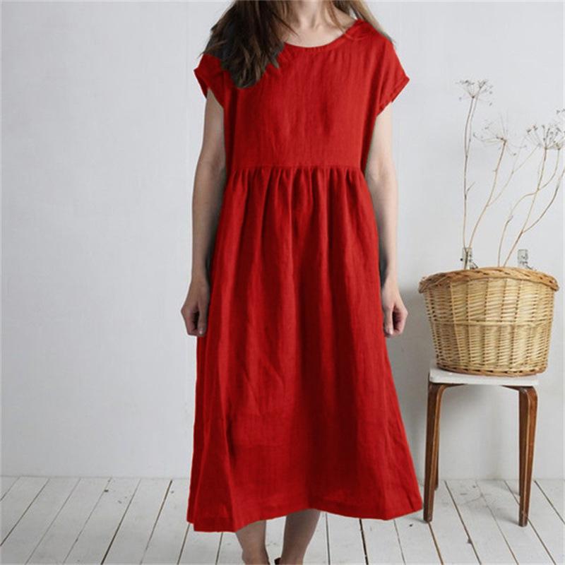 Women's Mid-Length Cotton Linen Dress - Round Neck, Short Sleeve, Solid Color, Pleated, Loose-Fit Casual Design